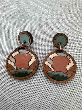 Wooden Mountain Sunset Drop Earrings, Earth tones, Terracotta, Cream, Green